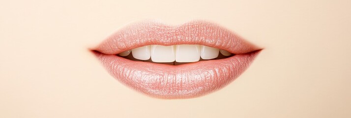 Obraz premium Closeup of perfect natural lip makeup with pink lipstick showing healthy white teeth and highlighting the concept of cosmetology and lip augmentation