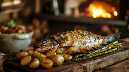 A whole grilled fish is presented on a wooden cutting board with roasted potatoes and asparagus, with a warm fire burning in the background.