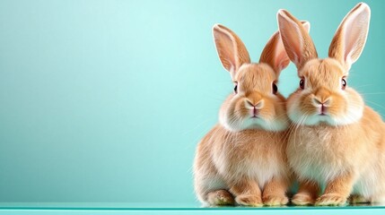 Fototapeta premium Two adorable rabbits sit side by side against a soft teal background, exuding charm and cuteness.