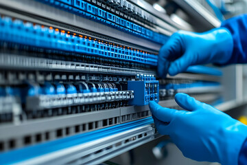 Technician installing blue connectors in industrial control panel