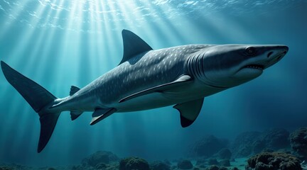 Naklejka premium Fearsome shark patrolling the ocean depths, beams of sunlight casting dramatic highlights on its skin, apex marine predator in its natural environment