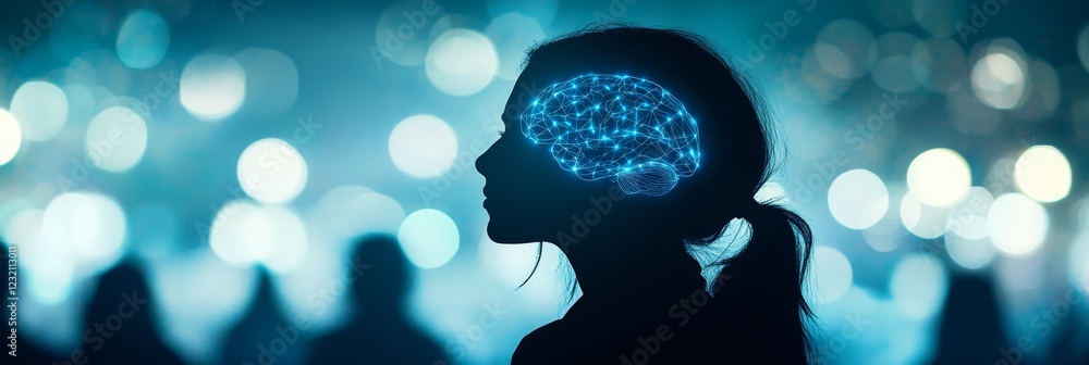 Poster silhouette of a person with a glowing network pattern in the brain on a dark background.