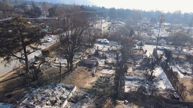 Burnt property in Altadena, aerial view