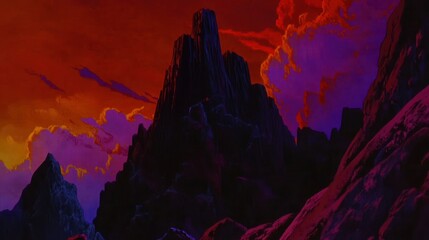 Dark Mountains Under a Crimson Sunset Sky