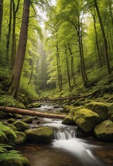 Obraz premium Lush Green Forest with a Gentle Stream – Tall Trees, Moss-Covered Rocks, Sunlight Filtering Through Canopy – Peaceful Nature Scene – Ideal for Eco, Wellness, Travel, Relaxation. Ai generated image.