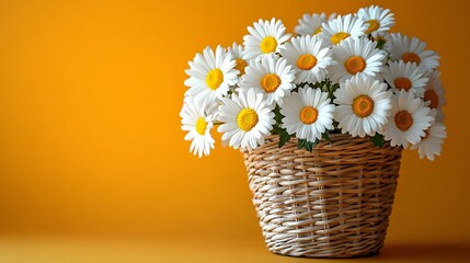 White daisies arranged in wicker basket stand against dopamine-inspired yellow-to-orange gradient backdrop, creating minimal composition with natural rattan elements and spring freshness.