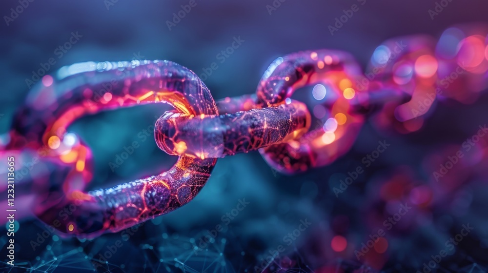 Poster Close up view of colorful digital chain links that symbolize connections in technology. The vibrant hues create a mesmerizing effect against a dark background, highlighting innovation.