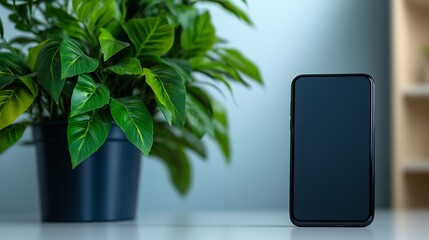 Modern Smartphone on Table with Lush Greenery
