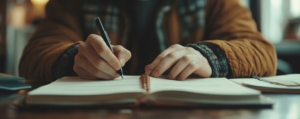 Close up hands of university student studying in class and taking note in notebook