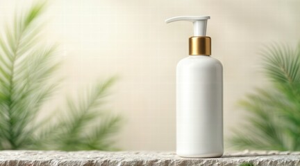 White dispenser bottle with smooth finish, gold-trimmed pump, standing on textured gray stone, luxury cosmetic packaging for skincare or liquid soap