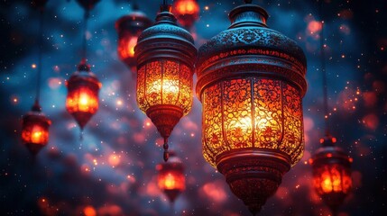 Obraz premium Intricate Metal Lanterns Glowing in the Dark Night