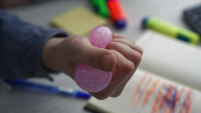 Person Squeezing Stress Ball in Hand with Background of Notebook and Stationery