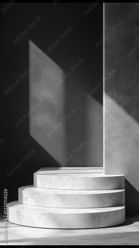 Poster a serene space featuring a minimalist black and white podium gracefully illuminated by natural light