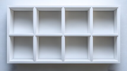 White wooden compartment shelf presents minimalist grid storage design with clean geometric patterns and symmetrical empty squares in modern furniture composition.