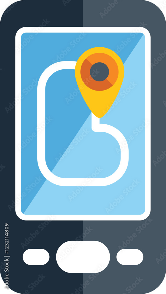 Poster smartphone is displaying a gps navigation app, showing a map with a route and a location pin marking