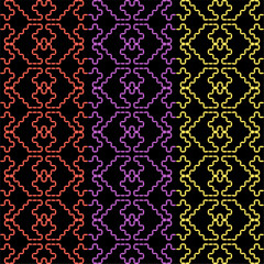 India stitch Kasuti embroidery abstract artwork seamless geometric pattern printed background fabric wallpaper hand drawn line colorful black ethnic

