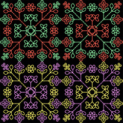 Fototapeta premium India stitch Kasuti embroidery abstract artwork seamless geometric pattern printed background fabric wallpaper hand drawn line colorful black ethnic