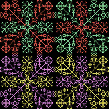 India stitch Kasuti embroidery abstract artwork seamless geometric pattern printed background fabric wallpaper hand drawn line colorful black ethnic

