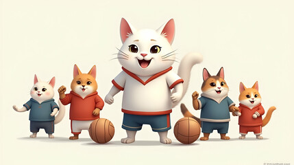 Group of animated cats playing basketball and showcasing team spirit in colorful jerseys