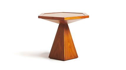 A wooden table with a triangular shape