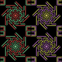 India stitch Kasuti embroidery abstract artwork seamless geometric pattern printed background fabric wallpaper hand drawn line colorful black ethnic

