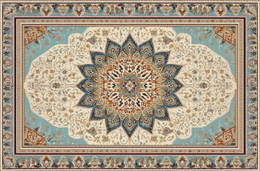 Obraz premium Authentic oriental rug with elaborate floral and geometric motifs, deep red and gold hues, and vintage charm. A detailed and richly patterned textile background for classic and cultural styling.