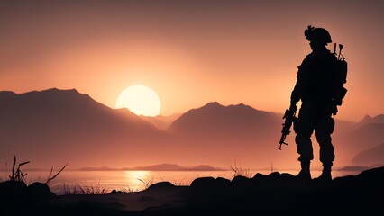 Silhouette of a soldier standing at sunset overlooking a serene mountain lake.