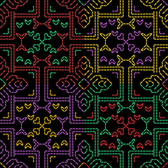 India stitch Kasuti embroidery abstract artwork seamless geometric pattern printed background fabric wallpaper hand drawn line colorful black ethnic

