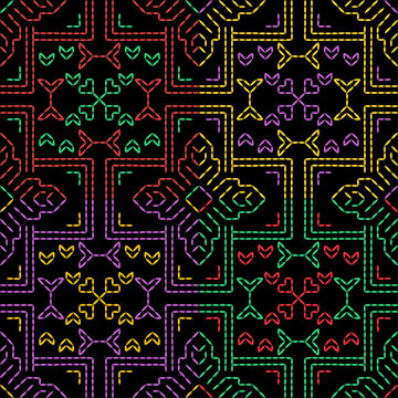 India stitch Kasuti embroidery abstract artwork seamless geometric pattern printed background fabric wallpaper hand drawn line colorful black ethnic

