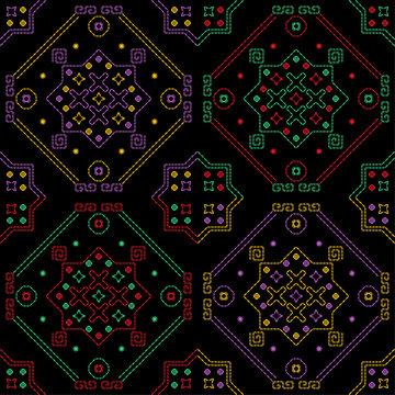 India stitch Kasuti embroidery abstract artwork seamless geometric pattern printed background fabric wallpaper hand drawn line colorful black ethnic

