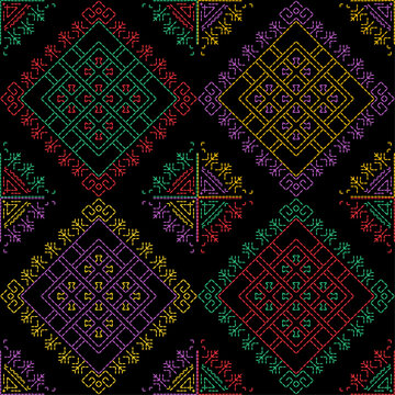 india stitch Kasuti embroidery ethnic abstract artwork seamless geometric pattern printed background fabric wallpaper hand drawn line
