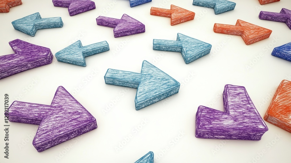 Poster multicolored pixelated arrows pointing in various directions on a white background. the arrows are t