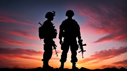 Fototapeta premium Silhouetted soldiers stand against a vibrant sunset sky, armed and ready.