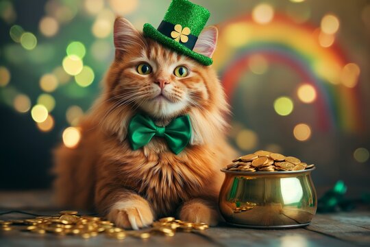 A fluffy orange tabby cat wearing a green bow tie and a tiny leprechaun hat, sitting next to a pot of gold coins on a wooden table. St. Patrick's Day concept.
