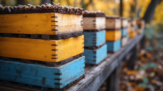 Bees gathering around colorful beehives in the fall with a blurred background of trees and leaves