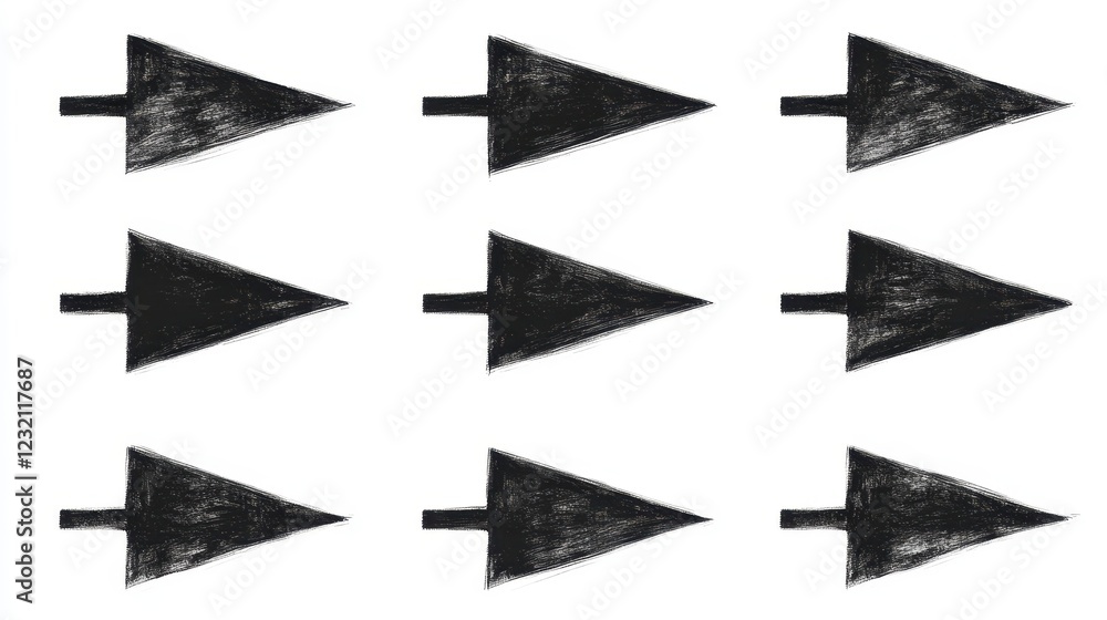 Poster nine dark gray textured arrow icons arranged in a grid pattern on a white background. the arrows poi