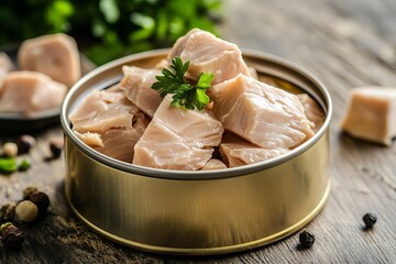 Canned Tuna Isolated, Albacore Fish Chunks in Open Tin Can, Tuna Oil Preserve, Seafood Conserve on White Background Top View