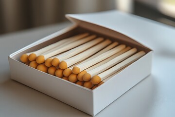 Close-up of matchsticks in a white box.
