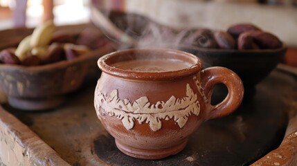 A traditional clay mug filled with a steaming hot chocolate made from local cacao.