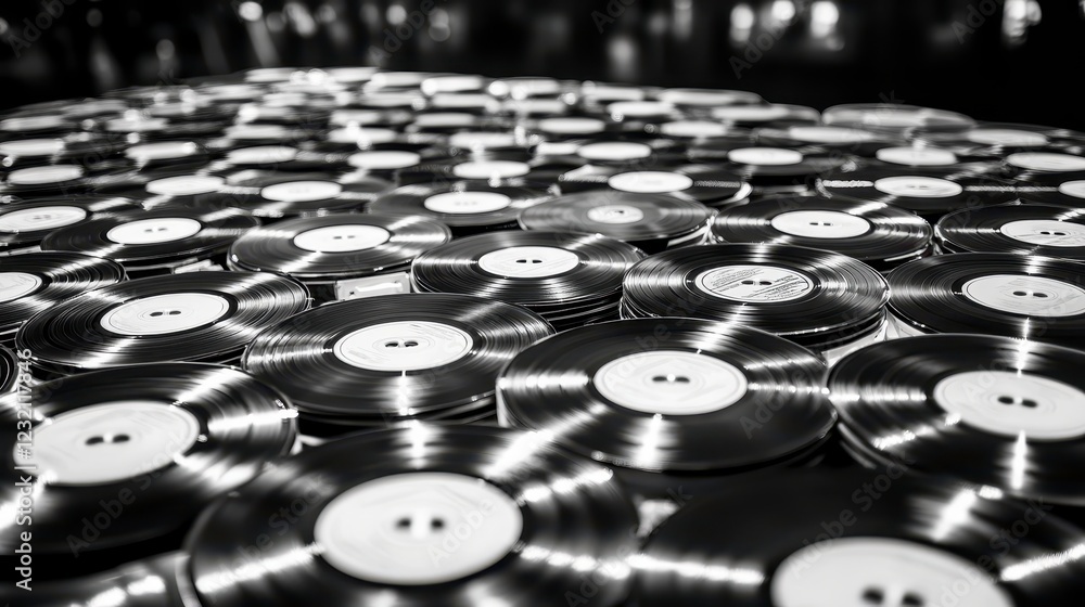 Poster black and white close up shot of numerous vinyl records arranged in a dense, repeating pattern. the 