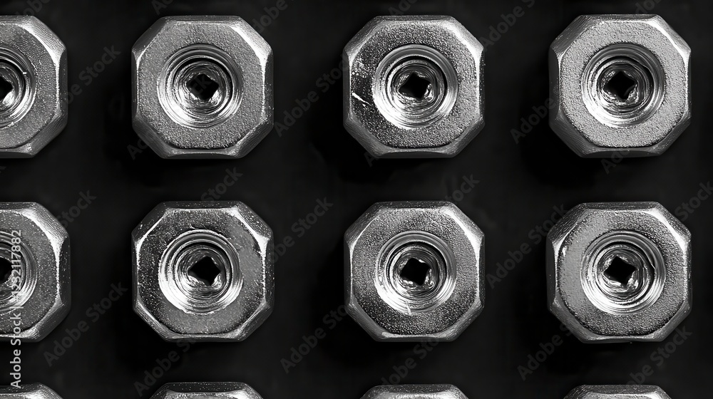Poster close up view of a grid of metallic, octagonal nuts against a dark background. the nuts show signs o