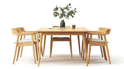 A wooden table with four chairs around it and a vase of flowers on it