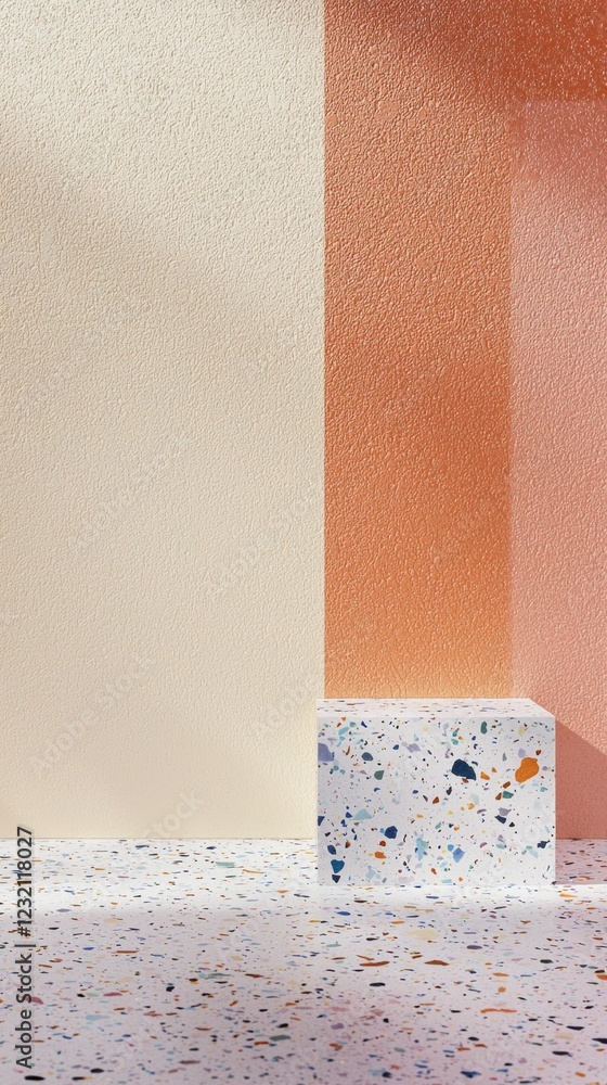 Poster Soft pastel colors harmonize in a minimalist setting, creating a serene environment. The terrazzo texture adds visual interest and warmth, inviting tranquility and creativity