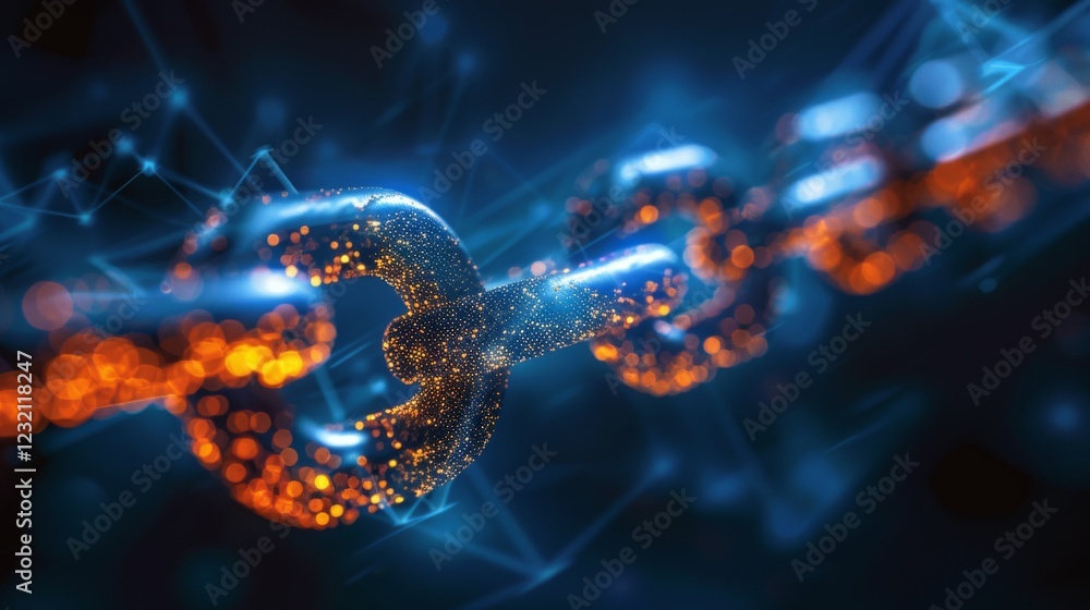 Poster Glowing links of a chain are interconnected, symbolizing secure connections in a digital landscape, showcasing vibrant colors and intricate designs in a futuristic style.