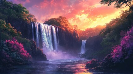 Majestic waterfall landscape with vibrant colors of sunrise and lush vegetation