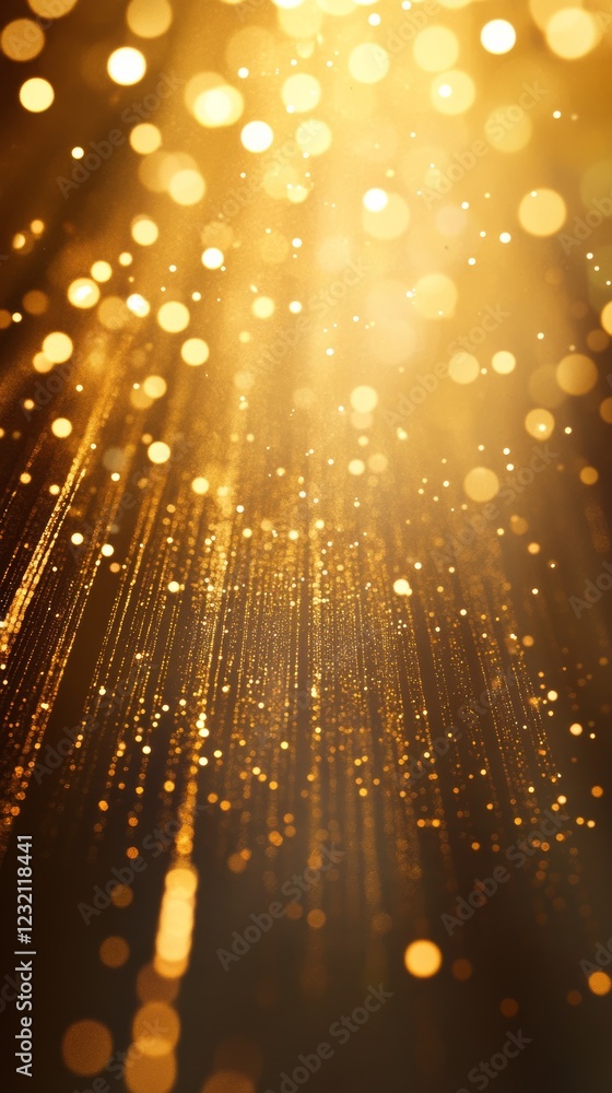 Poster golden particles falling creating beautiful bokeh effect on dark background