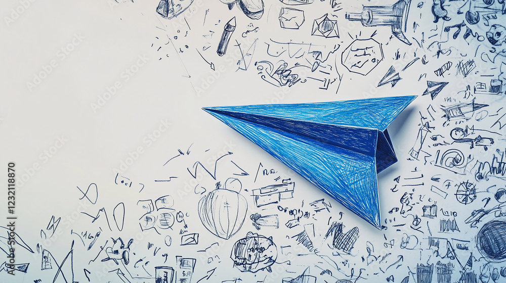Poster close-up of a blue paper airplane flying over a creative background with hand-drawn sketches and dia