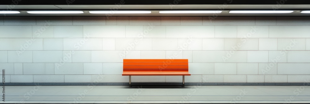 Poster empty orange bench sits against a brightly lit white tiled wall in a modern, clean underground subwa