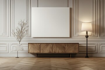 Modern minimalist interior with blank canvas, wooden sideboard, and floor lamp on herringbone floor.