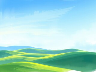 Obraz premium Gentle blue sky with sweeping brush strokes of green hills and yellow sunbeams, natural elements, calming ambiance, serene atmosphere